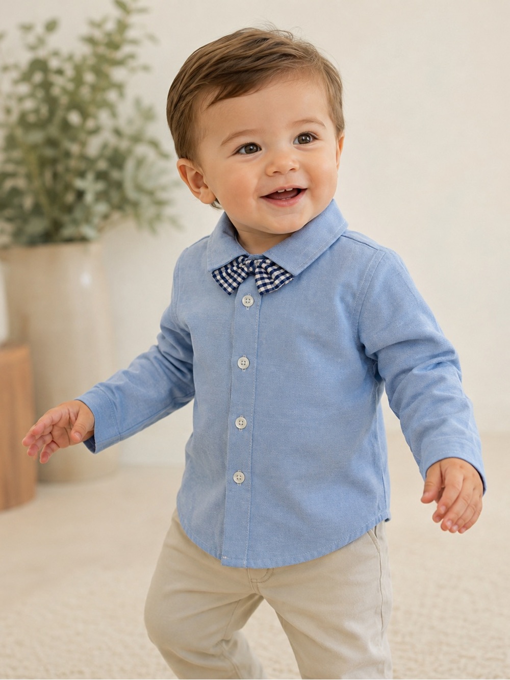Baby Boy 100% Cotton Blue Button-Up Shirt with Bow Tie
